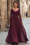 Cabernet V Neck A Line Lace Long Mother of the Bride Dress