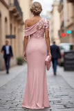 Blush One Shoulder Mermaid Floral Ruched Long Mother of the Bride Dress