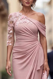 Blush One Shoulder Mermaid Floral Ruched Long Mother of the Bride Dress