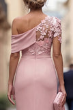 Blush One Shoulder Mermaid Floral Ruched Long Mother of the Bride Dress