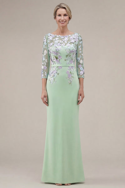 Green Mermaid Appliqued Long Mother of the Bride Dress with 3/4 Sleeves