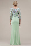 Green Mermaid Appliqued Long Mother of the Bride Dress with 3/4 Sleeves