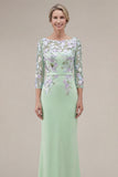 Green Mermaid Appliqued Long Mother of the Bride Dress with 3/4 Sleeves