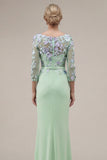 Green Mermaid Appliqued Long Mother of the Bride Dress with 3/4 Sleeves