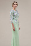 Green Mermaid Appliqued Long Mother of the Bride Dress with 3/4 Sleeves