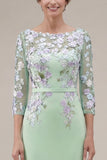 Green Mermaid Appliqued Long Mother of the Bride Dress with 3/4 Sleeves