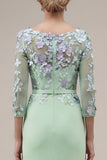 Green Mermaid Appliqued Long Mother of the Bride Dress with 3/4 Sleeves