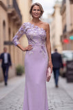 One Shoulder Mermaid Lilac Floral Long Mother of the Bride Dress