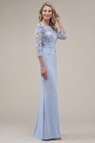 Green Mermaid Appliqued Long Mother of the Bride Dress with 3/4 Sleeves
