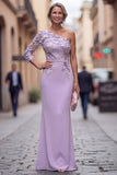 One Shoulder Mermaid Lilac Floral Long Mother of the Bride Dress