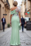 Green Appliqued Mermaid Ruched Long Mother of the Bride Dress with Sleeves
