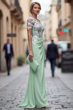 Green Appliqued Mermaid Ruched Long Mother of the Bride Dress with Sleeves
