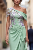 Green Appliqued Mermaid Ruched Long Mother of the Bride Dress with Sleeves