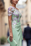 Green Appliqued Mermaid Ruched Long Mother of the Bride Dress with Sleeves