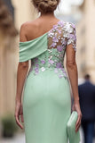 Green Appliqued Mermaid Ruched Long Mother of the Bride Dress with Sleeves