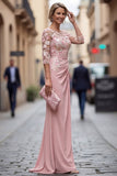 Mermaid Blush Appliqued Bateau Neck Ruched Mother of the Bride Dress with Sleeves