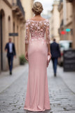 Mermaid Blush Appliqued Bateau Neck Ruched Mother of the Bride Dress with Sleeves