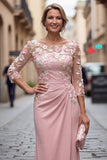 Mermaid Blush Appliqued Bateau Neck Ruched Mother of the Bride Dress with Sleeves