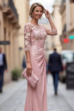Mermaid Blush Appliqued Bateau Neck Ruched Mother of the Bride Dress with Sleeves
