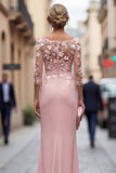Mermaid Blush Appliqued Bateau Neck Ruched Mother of the Bride Dress with Sleeves