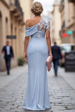 Light Blue Mermaid Appliqued Ruched Mother of the Bride Dress with Sleeves