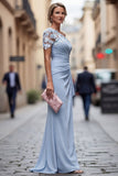 Light Blue Mermaid Appliqued Ruched Mother of the Bride Dress with Sleeves