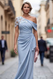 Light Blue Mermaid Appliqued Ruched Mother of the Bride Dress with Sleeves