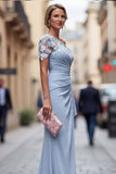 Light Blue Mermaid Appliqued Ruched Mother of the Bride Dress with Sleeves
