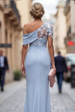 Light Blue Mermaid Appliqued Ruched Mother of the Bride Dress with Sleeves