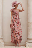 Floral Dusty Rose One Shoulder A Line Ruched Mother of the Bride Dress with Tie Back Bow
