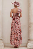 Floral Dusty Rose One Shoulder A Line Ruched Mother of the Bride Dress with Tie Back Bow