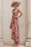 Floral Dusty Rose One Shoulder A Line Ruched Mother of the Bride Dress with Tie Back Bow