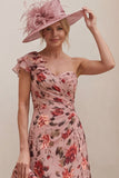 Floral Dusty Rose One Shoulder A Line Ruched Mother of the Bride Dress with Tie Back Bow