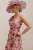 Floral Dusty Rose One Shoulder A Line Ruched Mother of the Bride Dress with Tie Back Bow