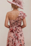 Floral Dusty Rose One Shoulder A Line Ruched Mother of the Bride Dress with Tie Back Bow