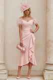 Blush Off The Shoulder Ruffled Mermaid Midi Mother of the Bride Dress with Feathers