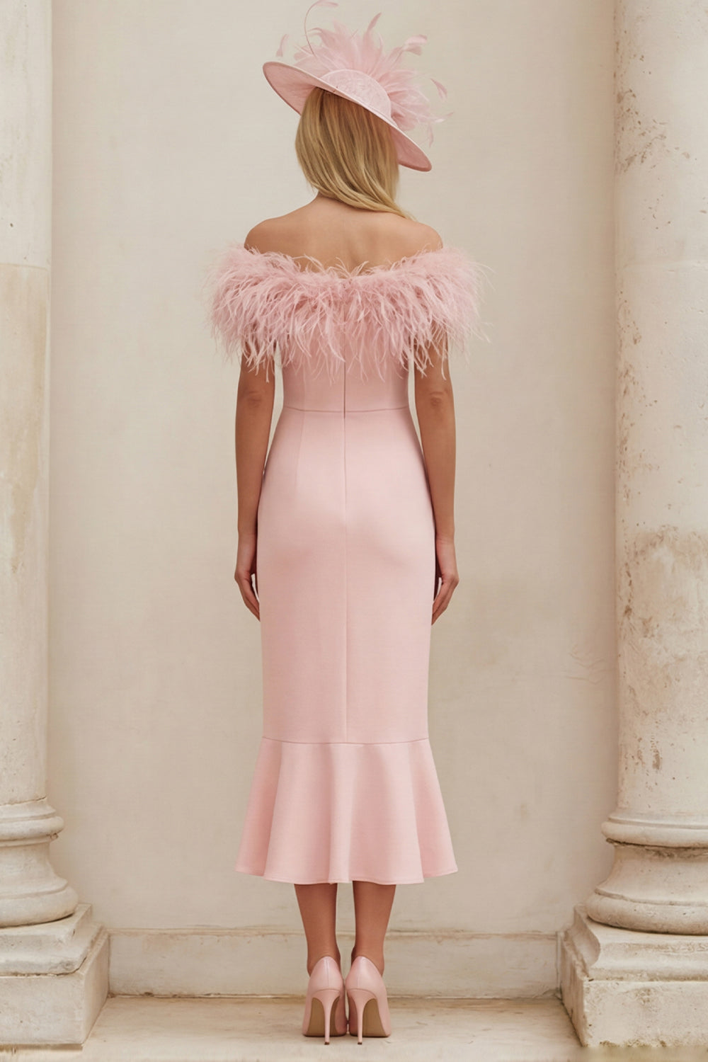 Wedtrend Women Blush Mother of the Bride Dress with Feathers Off The  Shoulder Ruffled Mermaid Midi Mother of the Groom Dress – WEDTREND