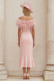 Blush Off The Shoulder Ruffled Mermaid Midi Mother of the Bride Dress with Feathers