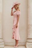 Blush Off The Shoulder Ruffled Mermaid Midi Mother of the Bride Dress with Feathers
