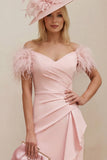 Blush Off The Shoulder Ruffled Mermaid Midi Mother of the Bride Dress with Feathers
