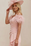 Blush Off The Shoulder Ruffled Mermaid Midi Mother of the Bride Dress with Feathers