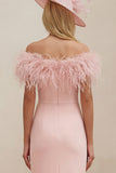Blush Off The Shoulder Ruffled Mermaid Midi Mother of the Bride Dress with Feathers