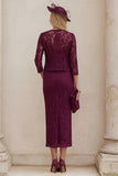 Lace Burgundy Sheath 2 Piece Mother of the Bride Dress with Jacket