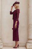 Lace Burgundy Sheath 2 Piece Mother of the Bride Dress with Jacket