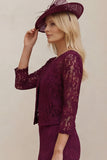 Lace Burgundy Sheath 2 Piece Mother of the Bride Dress with Jacket