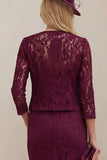 Lace Burgundy Sheath 2 Piece Mother of the Bride Dress with Jacket