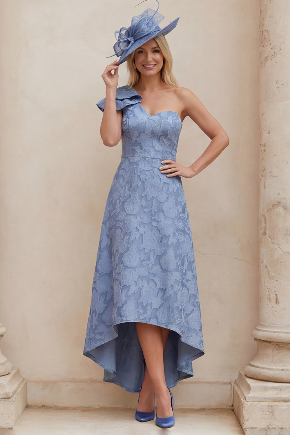 Wedtrend Women Dusty Blue Mother of the Bride Dress Floral One Shoulder A Line Ruffled High-Low Wedding Guest Dress, Dusty Blue / US12