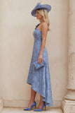 Dusty Blue Floral One Shoulder A Line High-Low Mother of the Bride Dress