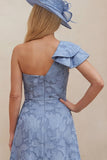 Dusty Blue Floral One Shoulder A Line High-Low Mother of the Bride Dress