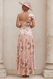 One Shoulder Dusty Rose Floral A Line Mother of the Bride Dress with Slit